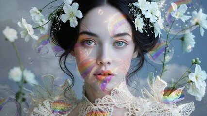 Forming rainbow arcs and drifting bubbles over woman wearing lace top with blossoms in studio - Powered by Adobe