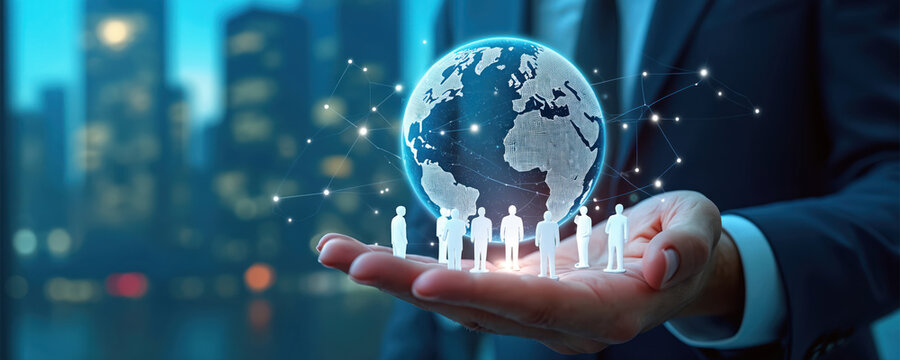 Businessman holds global customer network tech. Hand with silhouette figures. Earth globe, communication lines represent connections, digital world, data exchange. CRM, customer service, business