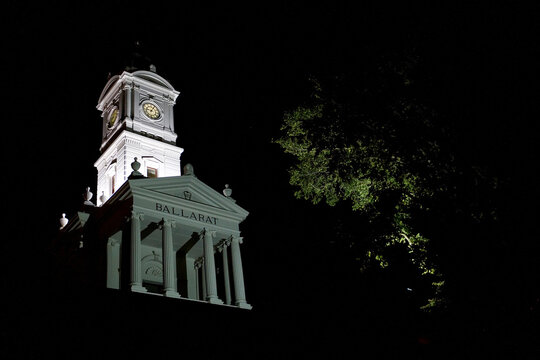 Ballarat Railway Station clock tower against black sky