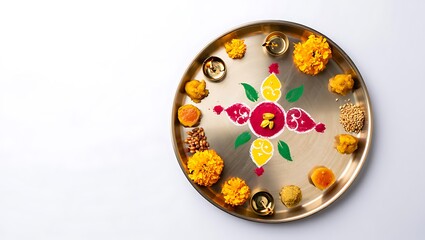 Aerial view of a puja thali with flowers sweets and colorful rangoli on a white background for celebration