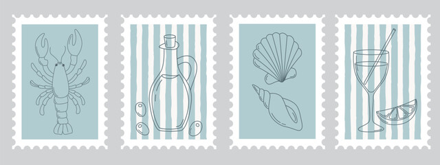 Set of Italian summer stamps with Mediterranean elements. Cute postage pictures of lobster, wine, seashells, lemon, olive oil