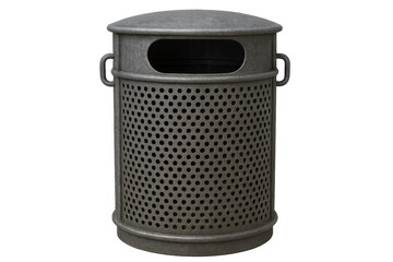 Public trash can with perforated metal sides on transparent background