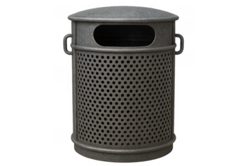 Public trash can with perforated metal sides on transparent background