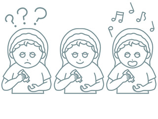 スキンケアをする女性のイラスト　悩み・笑顔・うきうき表情3パターン線画セット