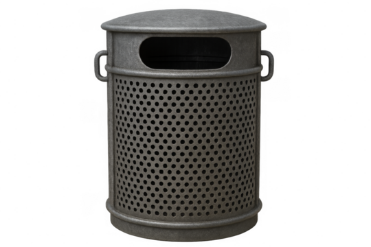 Public trash can with perforated metal sides on transparent background - Powered by Adobe