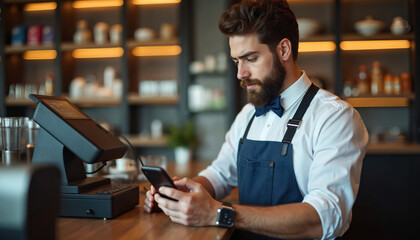 Bearded restaurant manager checks phone near cash register. Man in white shirt, blue bow tie, apron managing accounts. Cafe, pub, bar owner at work. Business app in use.