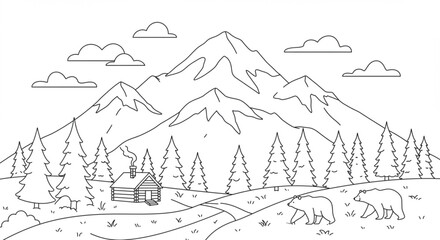 Serene Mountain Cabin Illustration Line Art of Majestic Peaks, Forest, and Bears