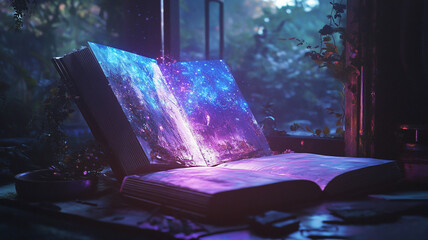 Enchanted Realm of Knowledge: An open book reveals a cosmic vista within its pages, illuminating a whimsical scene and transporting the viewer to a world of imagination. 
