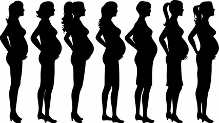 Silhouettes of pregnant women showing various stages of pregnancy in black and white illustration