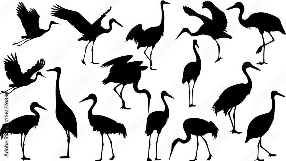 Poster silhouette collection of various cranes in different poses such as standing and flying in black colo