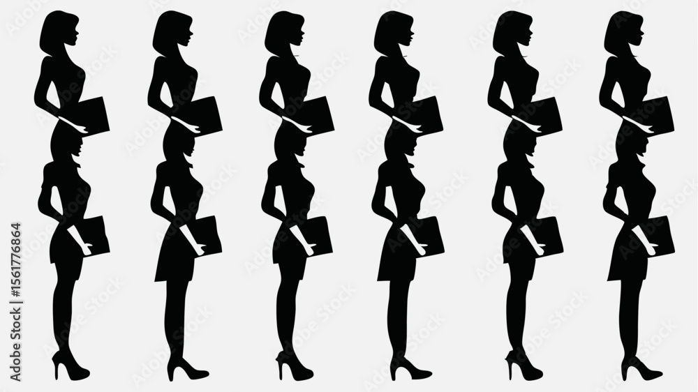 Poster silhouette pattern of businesswomen holding folders in a repeating design element on a white backgro