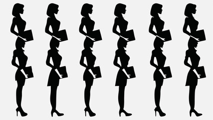 Silhouette pattern of businesswomen holding folders in a repeating design element on a white background