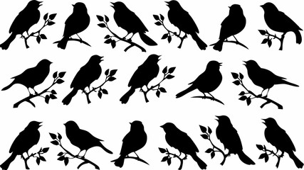 Silhouette pattern of birds perched on branches with leaves in a repeating arrangement style design