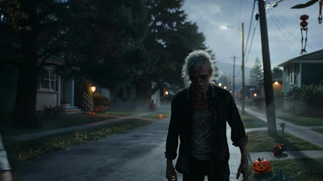 Two terrifying zombies walk down the street of a residential neighborhood at dusk. The scene is disturbing and creepy ideal for halloween video.