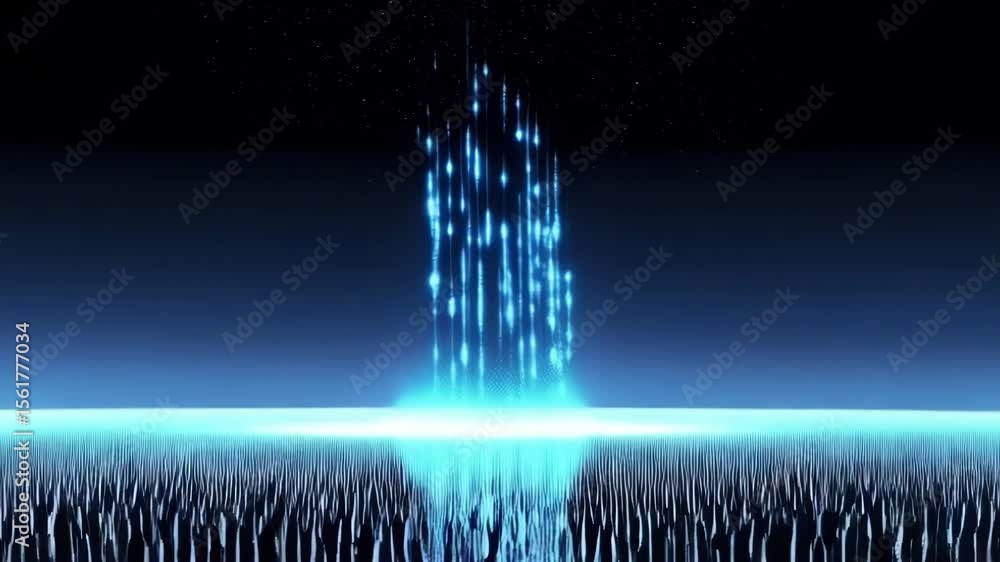 Poster abstract blue light streaks fall down against a dark backdrop, creating a magical and sparkling effe