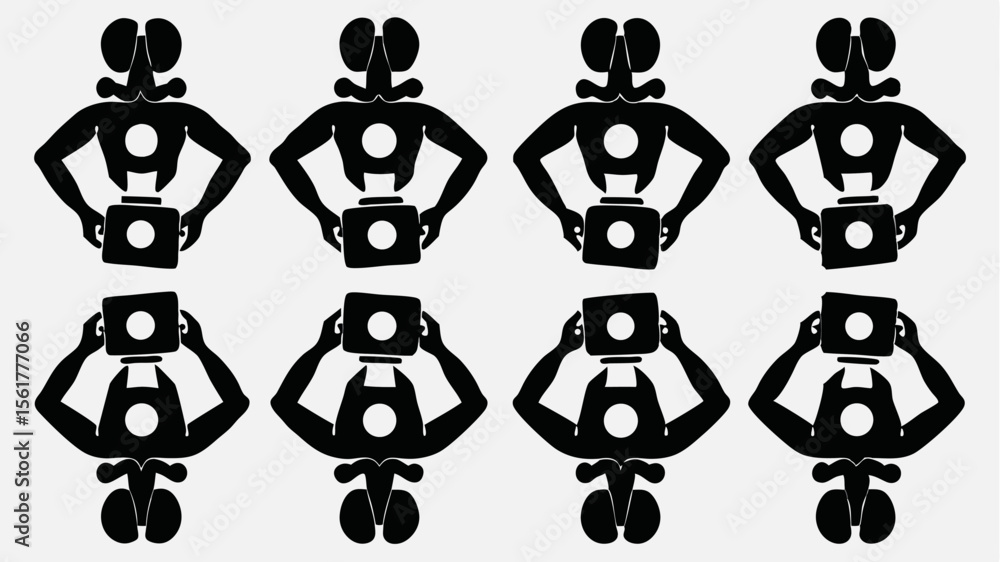 Poster eight black figures holding square objects with circular holes in a symmetrical arrangement style pa