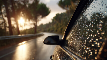 Car window droplet animation with sunset bokeh and branding space