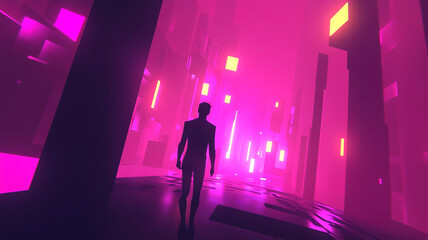 Cyberpunk City Silhouette: A lone figure navigates a neon-lit cityscape. The image evokes a sense of isolation, wonder, and futurism.