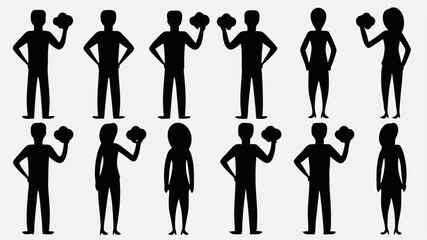 Silhouette figures of people standing with clouds in hand and hands on hips design