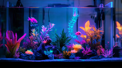 Neon Aquarium Paradise: A vibrant aquarium scene with neon-colored plants and fish, a visually captivating underwater world, emitting a radiant glow in this stunning aquatic world