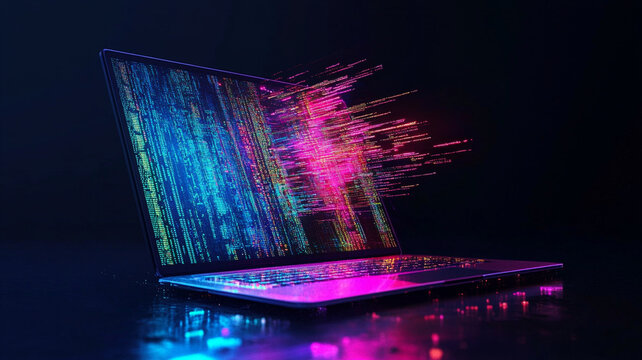Code Liberation: A futuristic laptop displays lines of vibrant code, symbolizing digital information flowing into the open screen. The scene evokes a sense of technological innovation.