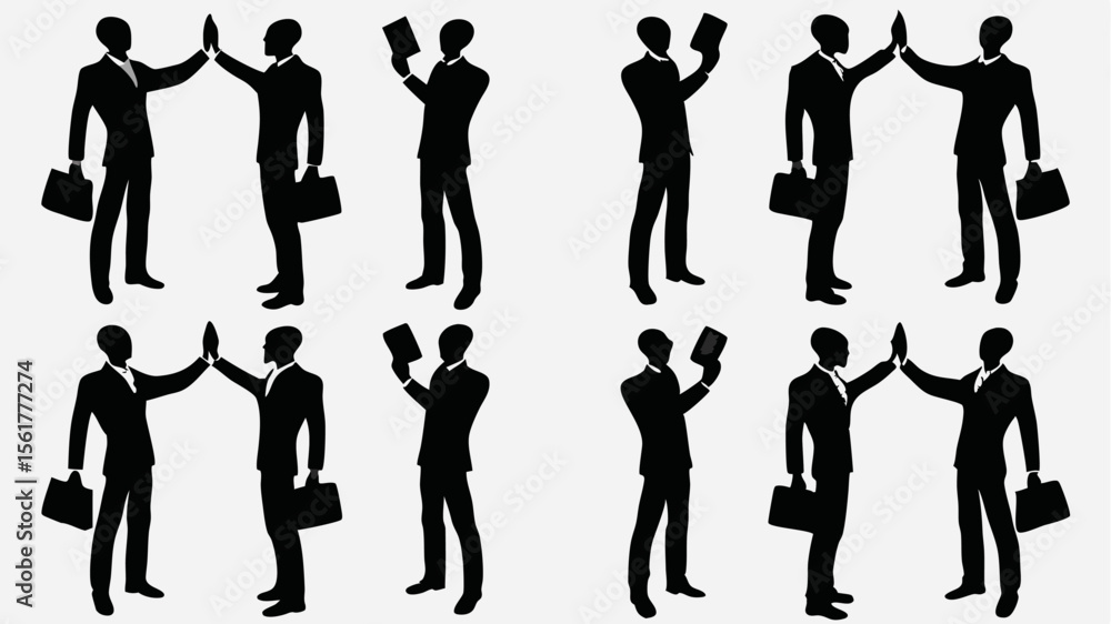 Poster silhouettes of businessmen in suits with briefcases and tablets high fiving in a repeating pattern i