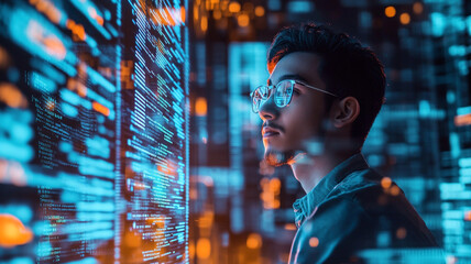 Tech Explorer: A focused individual studies the data streams illuminating the digital landscape, embodying curiosity and innovation in the technological realm.