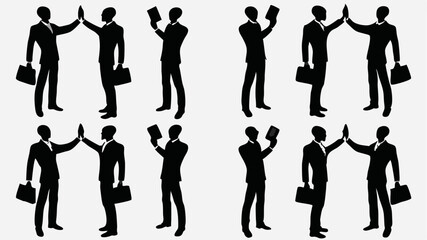 Silhouettes of businessmen in suits with briefcases and tablets high fiving in a repeating pattern image