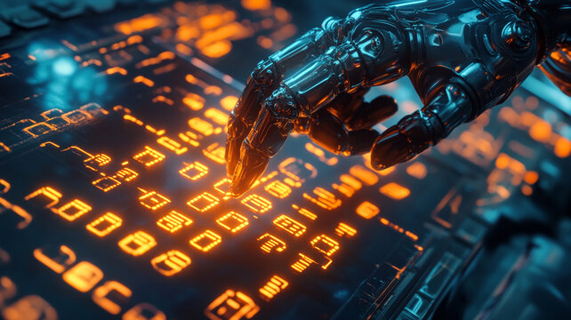 Cybernetic Interface: A close-up shot captures a robotic hand interacting with an illuminated digital interface, suggesting the intersection of artificial intelligence and complex data processing.