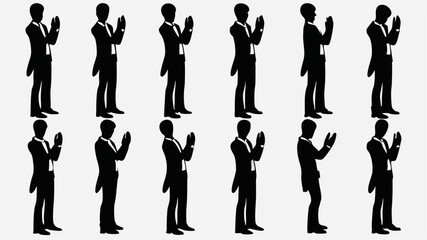 Silhouette pattern of men in tuxedos clapping their hands on a white background in a repeating pattern