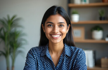 Smiling young Indian businesswoman headshot portrait. Confident ethnic pro employee looking at camera, posing indoors. Happy woman wearing shirt during video call. Portrait of a leader.