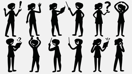 Silhouette figures displaying various actions and emotions in a monochrome illustration style