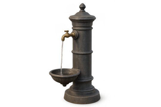 Vintage water fountain pouring fresh water on transparent background