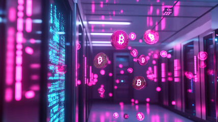 Cryptocurrency Server Room:  Neon-lit cryptocurrency symbols float in a futuristic server room, depicting the digital currency exchange.