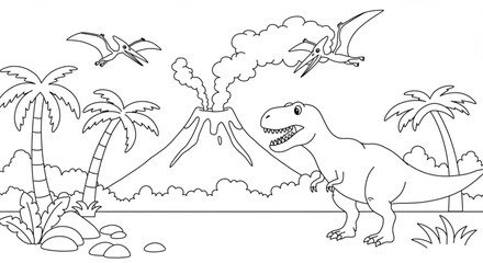Prehistoric World T-Rex and Pterodactyl Coloring Page © Pan