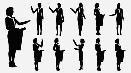 Silhouettes of businesswomen in various poses giving presentations and holding objects in monochrome style