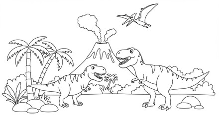 Prehistoric World T-Rex Dinosaurs Coloring Page Illustration © Helal