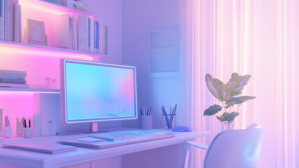Serene Workspace: Soft pastel lighting illuminates a modern desk setup with a computer, plant, and essential office items, creating a tranquil and inviting atmosphere.
