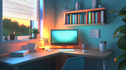 Tranquil Home Office: A sun-drenched corner office exudes a sense of calm, with a computer, books, and potted plants creating a comfortable and inviting workspace.
