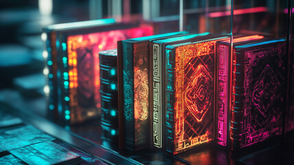 Illuminated Tome Collection: A captivating display of ancient, ornate books glows with mystical light, creating an evocative scene of knowledge and wonder.