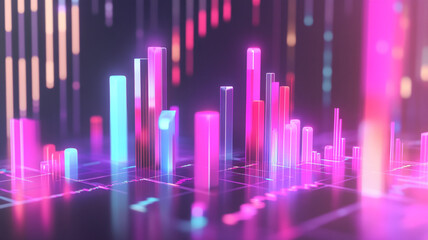 Digital Bar Graph on Grid: Vibrant bar graph illuminated with red, blue, and pink light on dark grid background, offering a compelling and futuristic visualization of data and analytics.