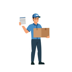 Courier in uniform holding a cardboard box and delivery document, standing with a smile ready to ship packages