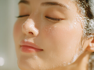 自然光に包まれた泡洗顔中の女性の顔アップ