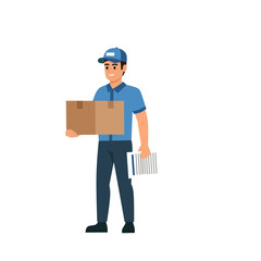 Delivery man smiling, holding a shipping box and raising document paper in hand, symbolizing proof of delivery