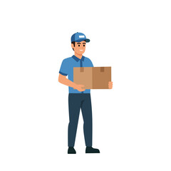 Male courier character standing while carrying a large cardboard box, wearing a blue uniform and cap