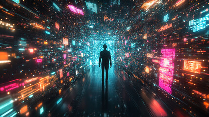Digital Realm Explorer: A lone figure ventures into a mesmerizing digital tunnel, navigating a vibrant world of data and light, a symbol of exploration and the vastness of the digital age.