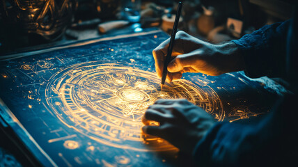 Mystical Diagram: An individual's hand diligently etches intricate patterns onto a luminescent blue tableau. The tableau sparkles with celestial motifs.