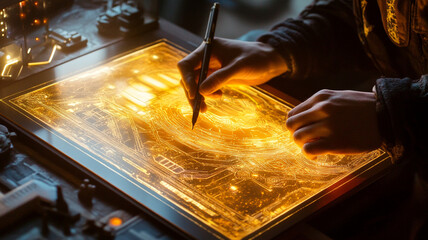 Crafting the Blueprint: Intricate golden lines illuminating a modern device, meticulously traced by a person's steady hand.