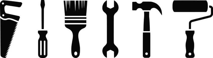 Silhouette Set of Hand Tools for Construction and DIY Projects.