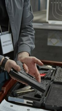 Vertical closeup of Caucasian male shooting coach demonstrating gun loading procedure to customer before practice, inserting magazine with bullets and explaining mechanism